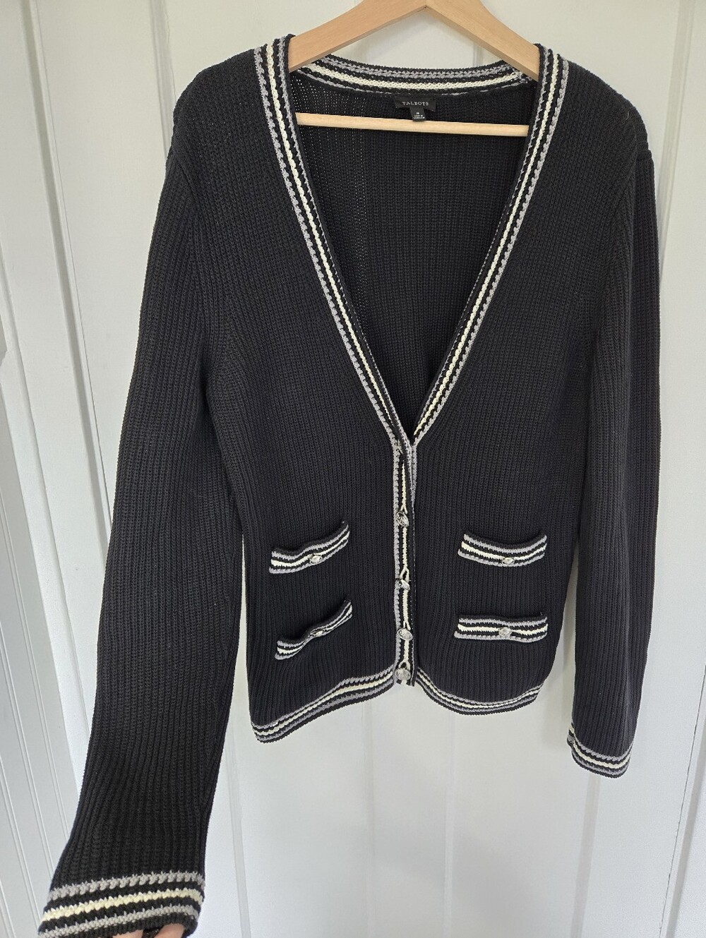 Talbot's Women's Texture V-Neck Cardigan Tipped Stripe Size M Old Money Preppy - Picture 3 of 10